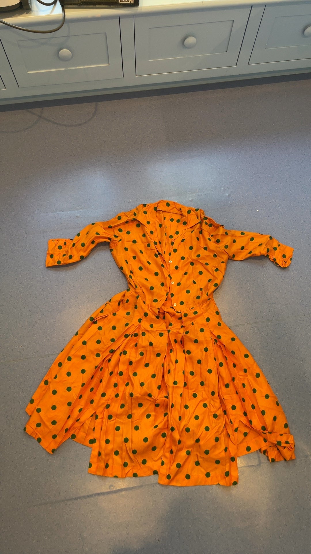 Vintage Style Orange and Black Polka Dot Long Sleeve Swing Dress