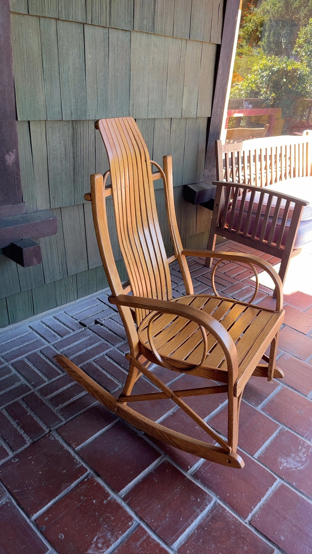Solid Teak Outdoor Porch Rocking Chair - Traditional Slat Back Design